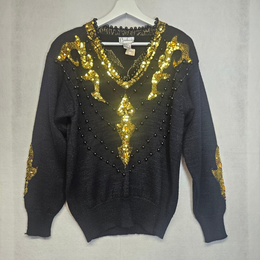 NWT Vintage 90s Carducci Black & Gold Beaded Sequins V-Neck Sweater Small